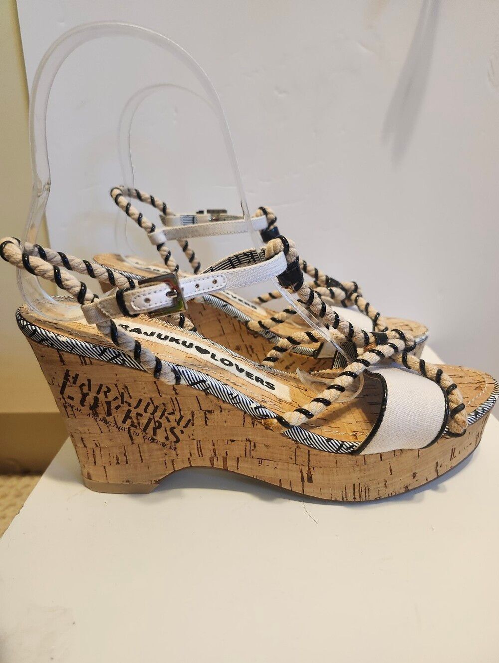 NEW Rare Y2K Harajuku Lovers Rope Strap Cork Platform Sandals Heels Sz. 7.5